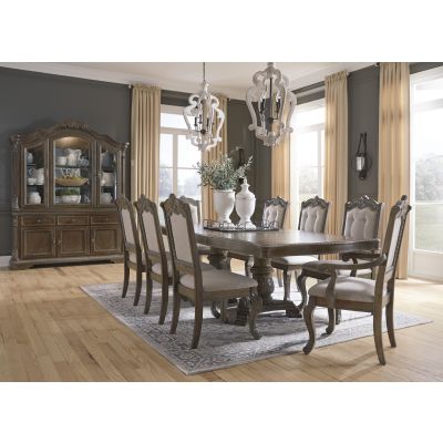 Charmond 10 Piece Brown Dining Table with Side Chairs, Arm Chair Set and Cabinet