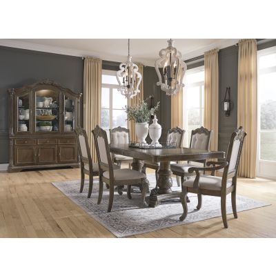 Charmond 8 Piece Brown Dining Table with Side Chair & Arm Chair Set and Cabinet