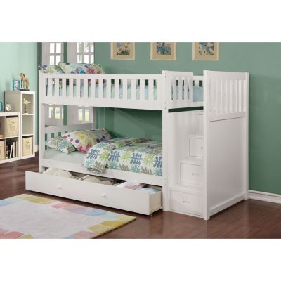 Twin Twin  White Bunk Bed with Ladder Chest Bedroom (No Trundle)