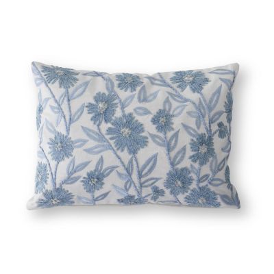 14 Inch Lumbar White Linen & Blue Embroidered Floral Pillow