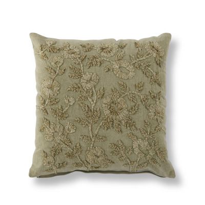 20 Inch Cotton Stone Washed Sage Green Floral Embroidered Pillow