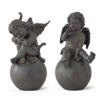 Set of 2 Brown & Green Resin Cherub Statues on Globes w/Butterfly & Bow