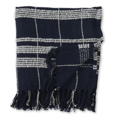 60 Inch Navy Blue & Cream Thin Striped Cotton Throw Blanket w/Fringe