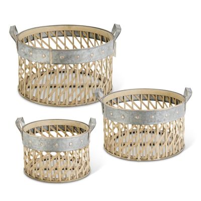 Set of 3 Round Woven Bamboo Baskets w/Metal Trim and Handles