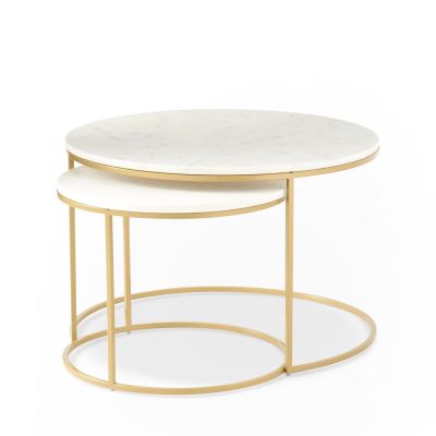 Set of 2 White Marble & Gold Metal Nesting Tables