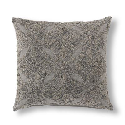20 Inch Cotton Stone Washed Gray Floral Embroidered Pillow