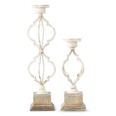 Set of 2 Whitewashed Wood & Metal Quatrefoil Candleholders