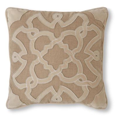 20 Inch Square Tan Linen & Velvet Pillow w/Tan Beaded Moroccan Pattern