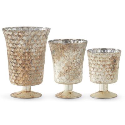 Set of 3 Honeycomb Burnt Champagne Mercury Glass Fluted Vases