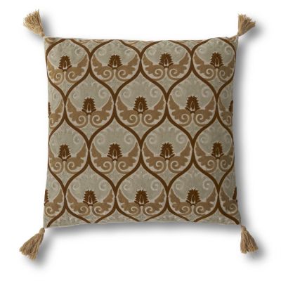 20 Inch Square Tan & Mustard Crest Embroidered Pillow