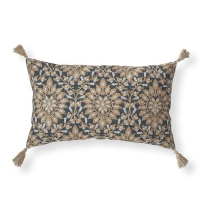 24 Inch Blue & Taupe Floral Embroidered Lumbar Pillow w/Poly Fiber Fil