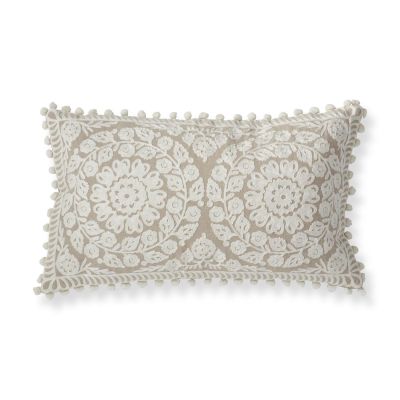 24 Inch Pompom Trim Beige & Cream Circle Embroidered Floral Pillow