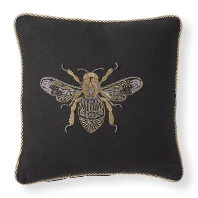 18 Inch Black Linen w/Gold Piping Beaded Bee Pillow