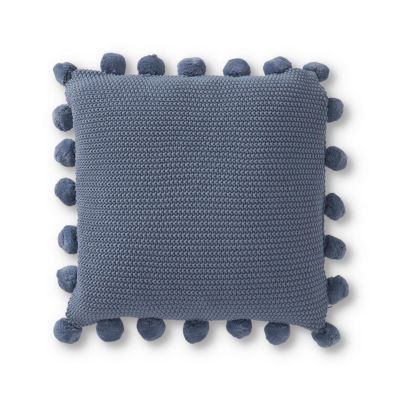 20 Inch Light Blue Moss Stitch Knit Pillow w/Pompom