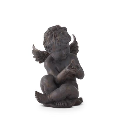 14.25 Inch Resin Faux Bronze Cherub Statue Holding Frog
