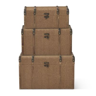 Set of 3 Wood & Woven Jute Nesting Chest
