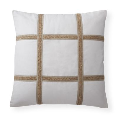 20 Inch White Cotton Braided Jute Grid Square Pillow w/Poly Fiber Fill