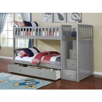 Twin Twin Gray Bunk Bed with Ladder Chest Bedroom (No Trundle)
