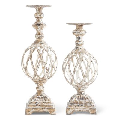 Set of 2 White & Gold Washed Woven Metal Candleholders