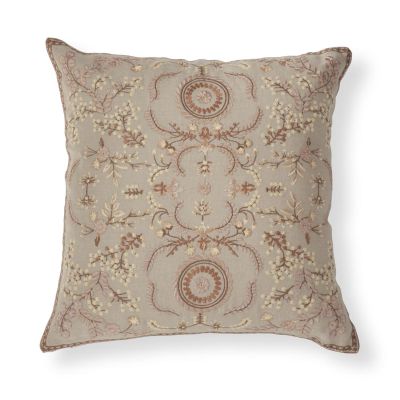 20 Inch Taupe Linen & Brown Embroidered Floral Pillow w/Microfiber Fill