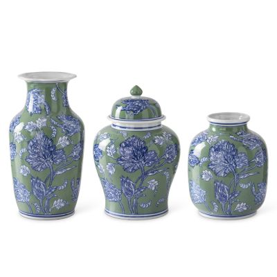 Set of 3 Blue Green & White Floral Ceramic Vases