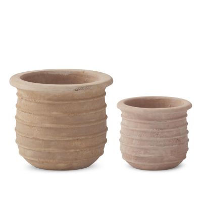 Set of 2 Flared Edge Ribbed Terracotta Planters w/Drains