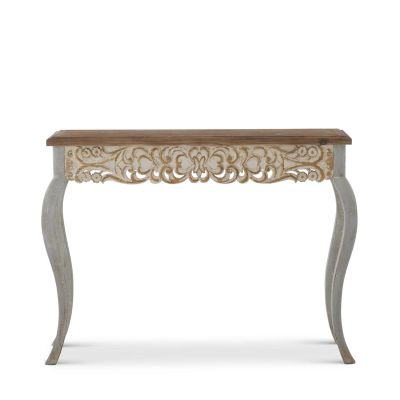 47.25 Inch Scroll Cutout Weathered Blue White & Gold Console Table