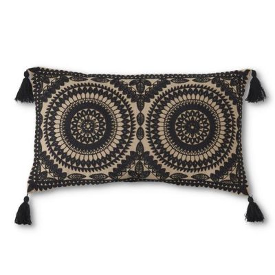 24 Inch Rectangular Black & Cream Embroidered Mandala Pillow w/Tassels