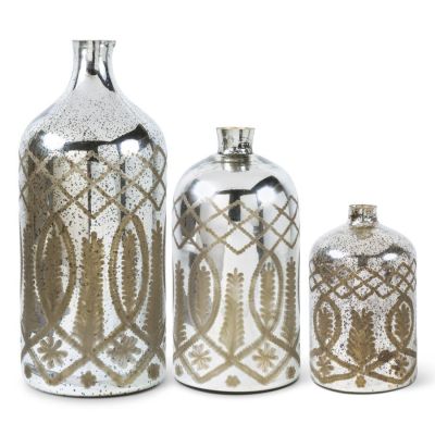Set of 3 Etched Mercury Glass Bottle Vases