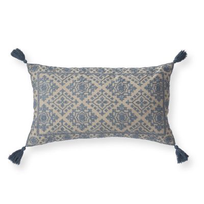 24 Inch Handcrafted Beige & Blue Embroidered Lumbar Pillow w/Tassels