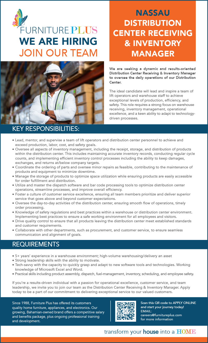 Furniture Plus Nassau Distribution Center Receiving & Inventory Manager